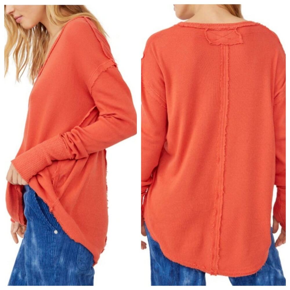 Free People Women size Small Orange Colby Raw Edge Knit Top